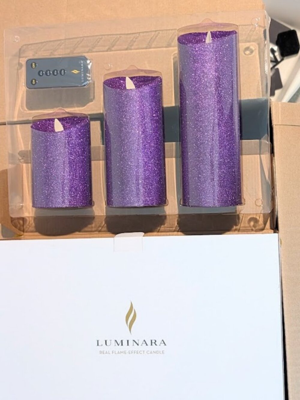 Luminara Real Flame Effect Purple Glitter Candle Set (3 piece set) with Remote